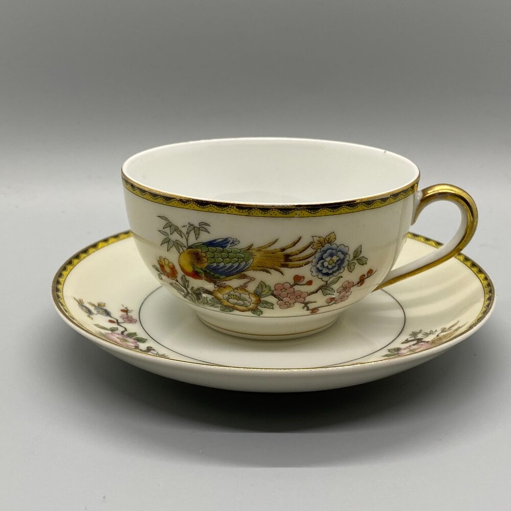 Noritake M DATONIA Hand Painted Pheasant Floral Cup Saucer Set and Display Stand